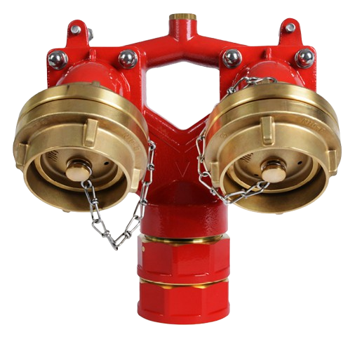 KINDSWATER Einspeisearmatur Eingang 2 x Storz B-75, Abgang Gewinde 3", DIN 14461, stehend, Eingänge 45°,  Messing