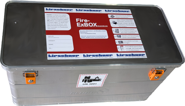 KIRSCHNER FireExBOX - Quarantänebox zum Transportieren und Lagern von Lithium-Ionen-Akkus inkl. EXTOVER Löschgranulat, 70 ltr.
