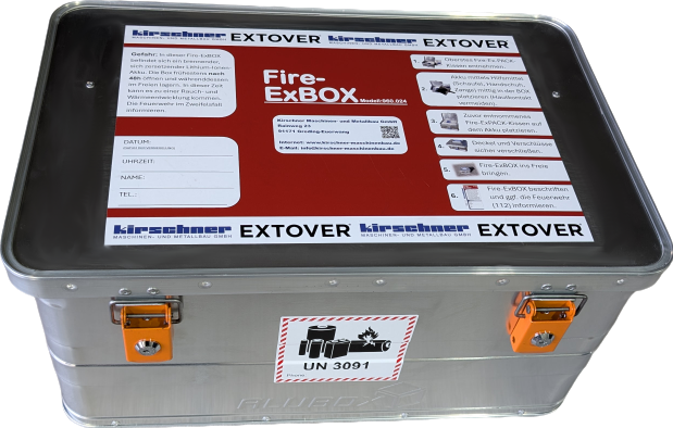 KIRSCHNER FireExBOX - Quarantänebox zum Transportieren und Lagern von Lithium-Ionen-Akkus inkl. EXTOVER Löschgranulat, 47 ltr.